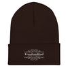 White Scroll Freedom Kind Logo | Cuffed Beanie - Brown